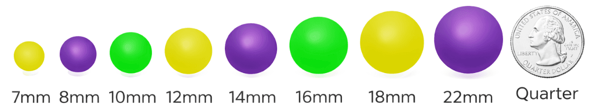 Bead size comparison from 7mm to 22mm with quarter for scale