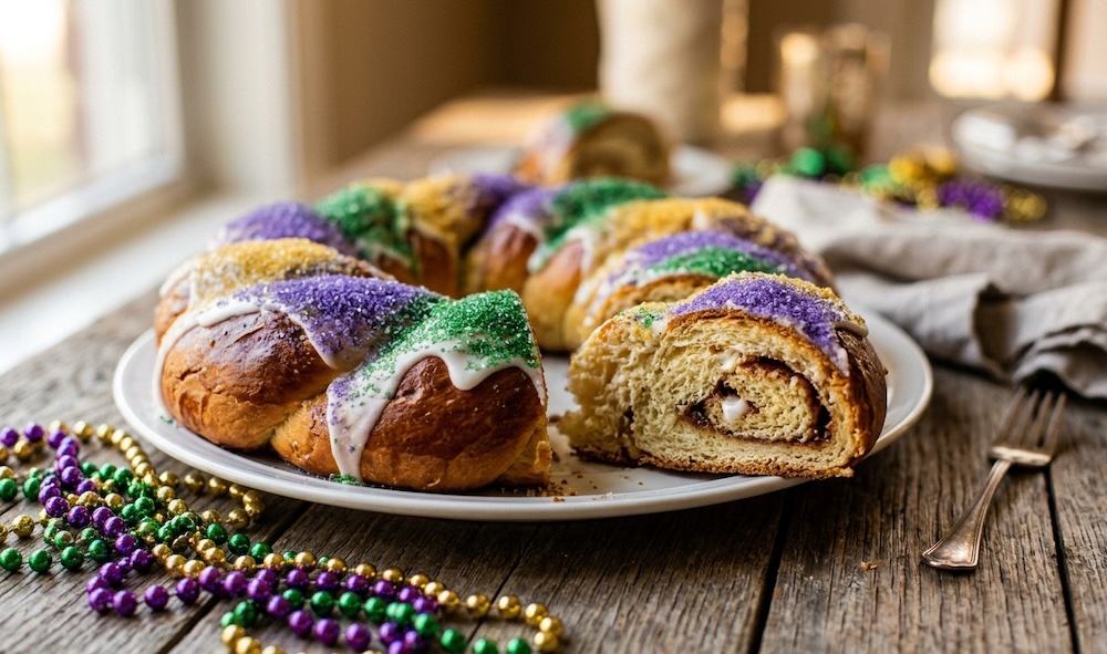 A sliced Mardi Gras king cake with purple, green, and gold sugar beside beads